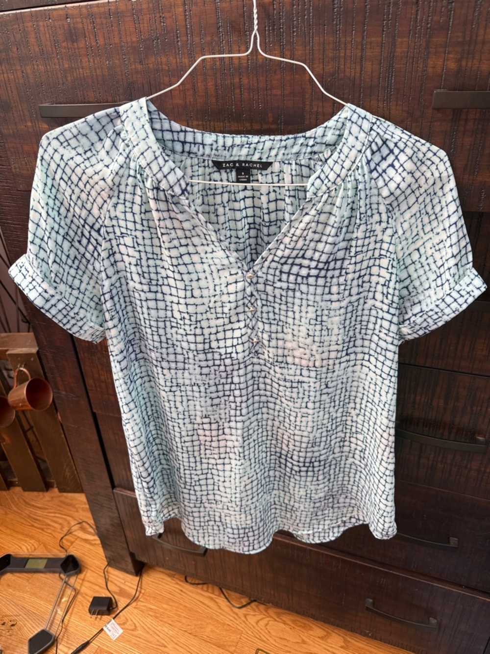 Zac & Rachel Blue Grid-Print Short Sleeve Blouse